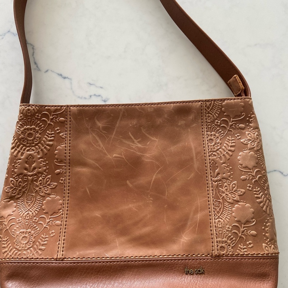 The Sak Brown Embossed Leather Shoulder Bag distressed